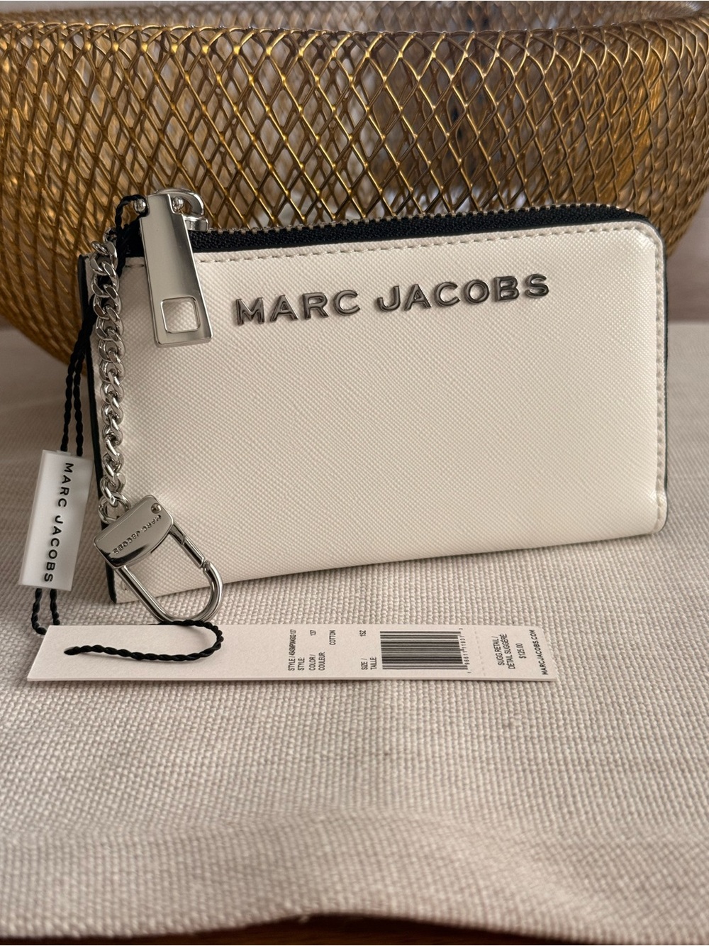 Marc Jacobs White Leather Zip Card Pouch with Silver Hardware